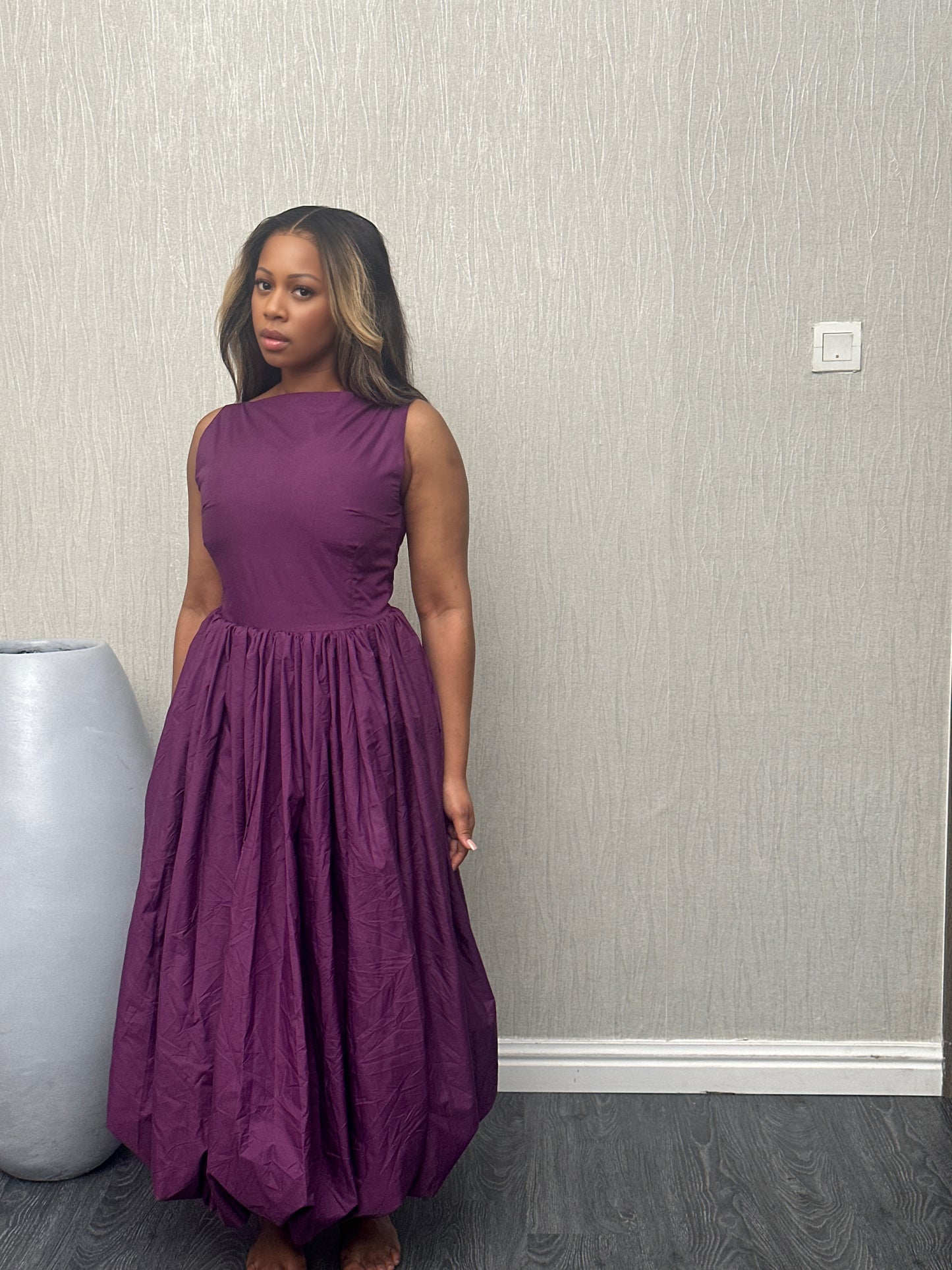 Trendy dark deep purple sleeveless bubble dress for women