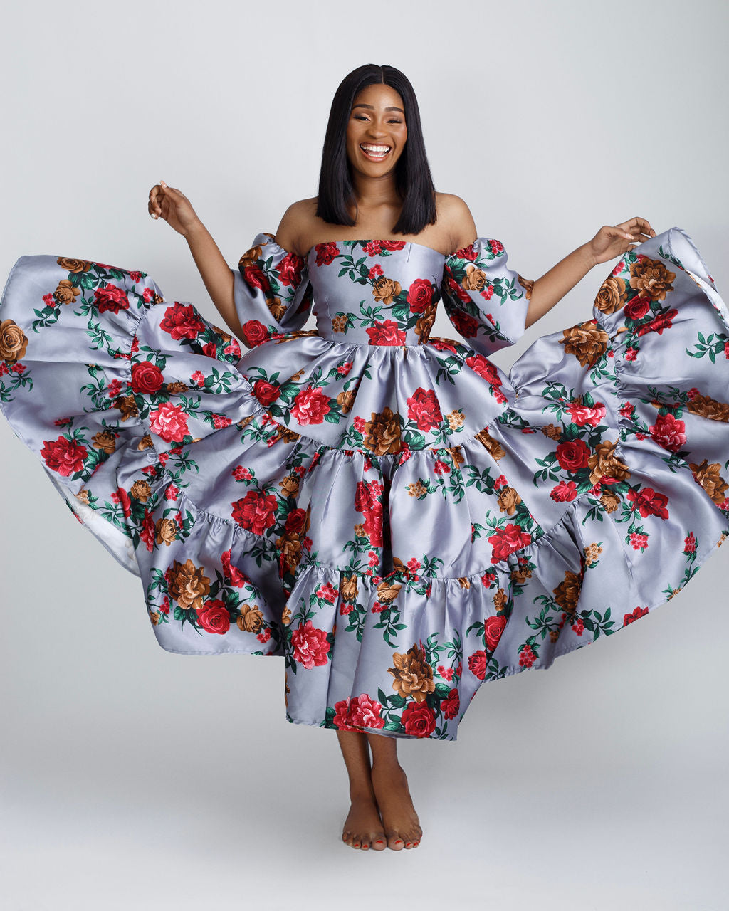 Mariana Floral Fall Off Shoulder Midi Dress