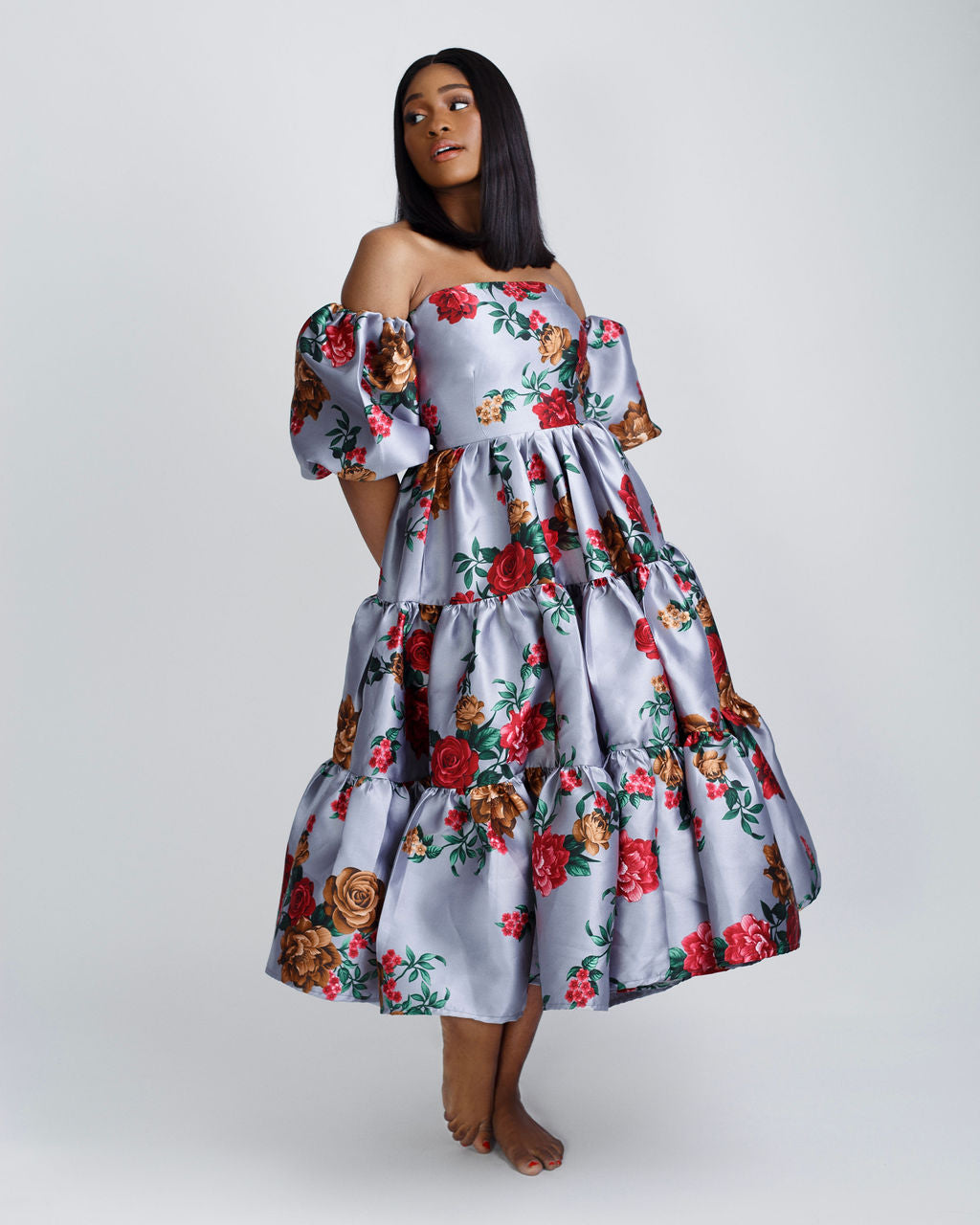 Mariana Floral Fall Off Shoulder Midi Dress