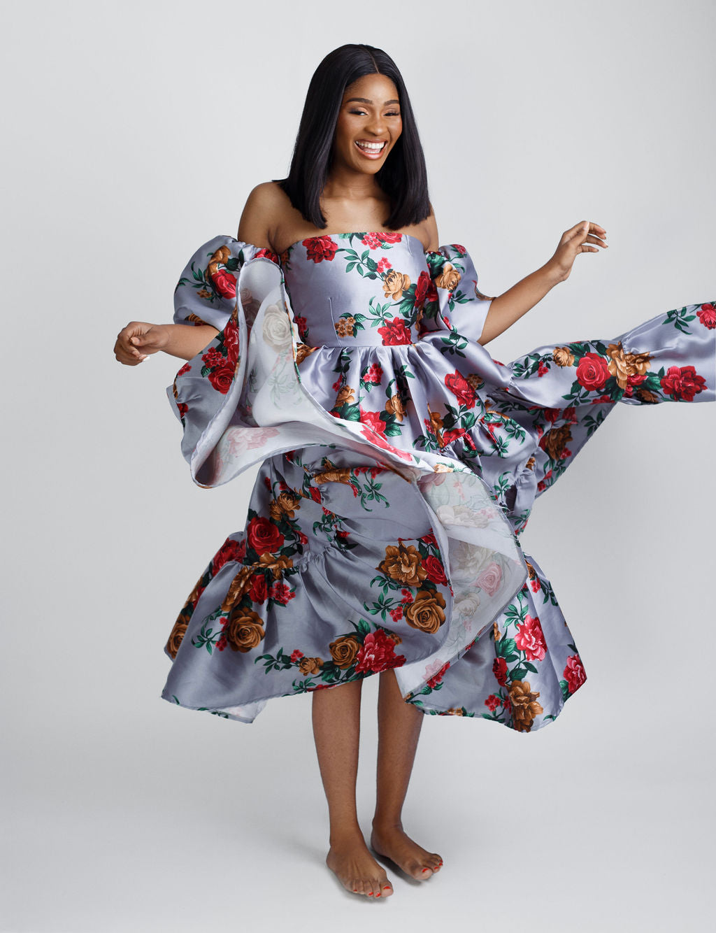 Mariana Floral Fall Off Shoulder Midi Dress