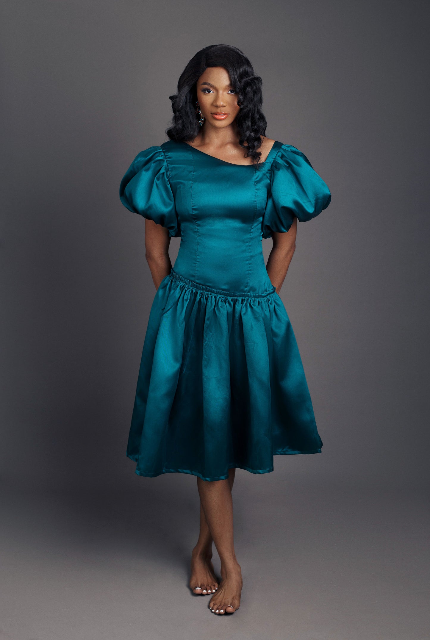 Moesha Bubble Sleeved Boat Waist Midi Dress