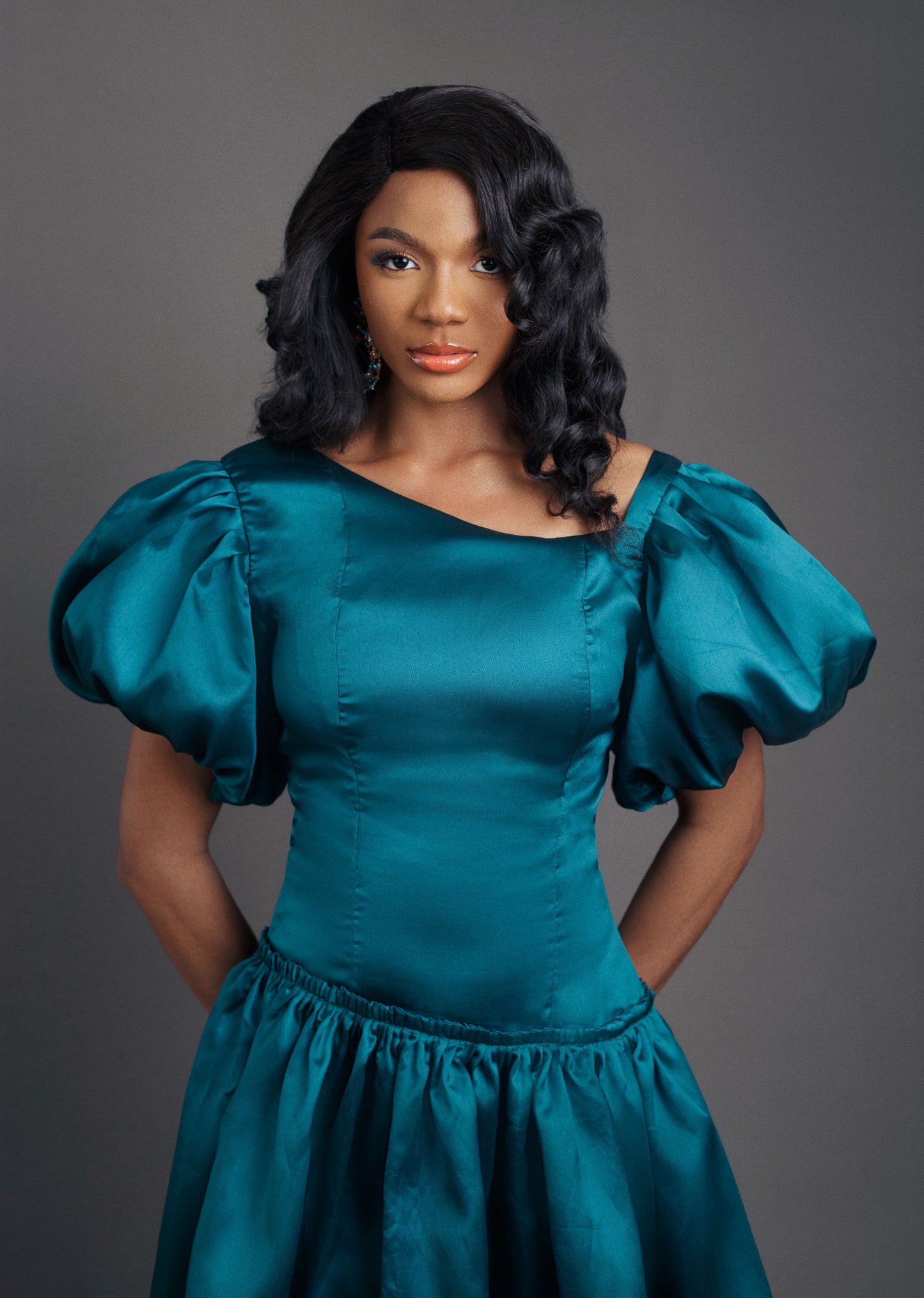 Moesha Bubble Sleeved Boat Waist Midi Dress