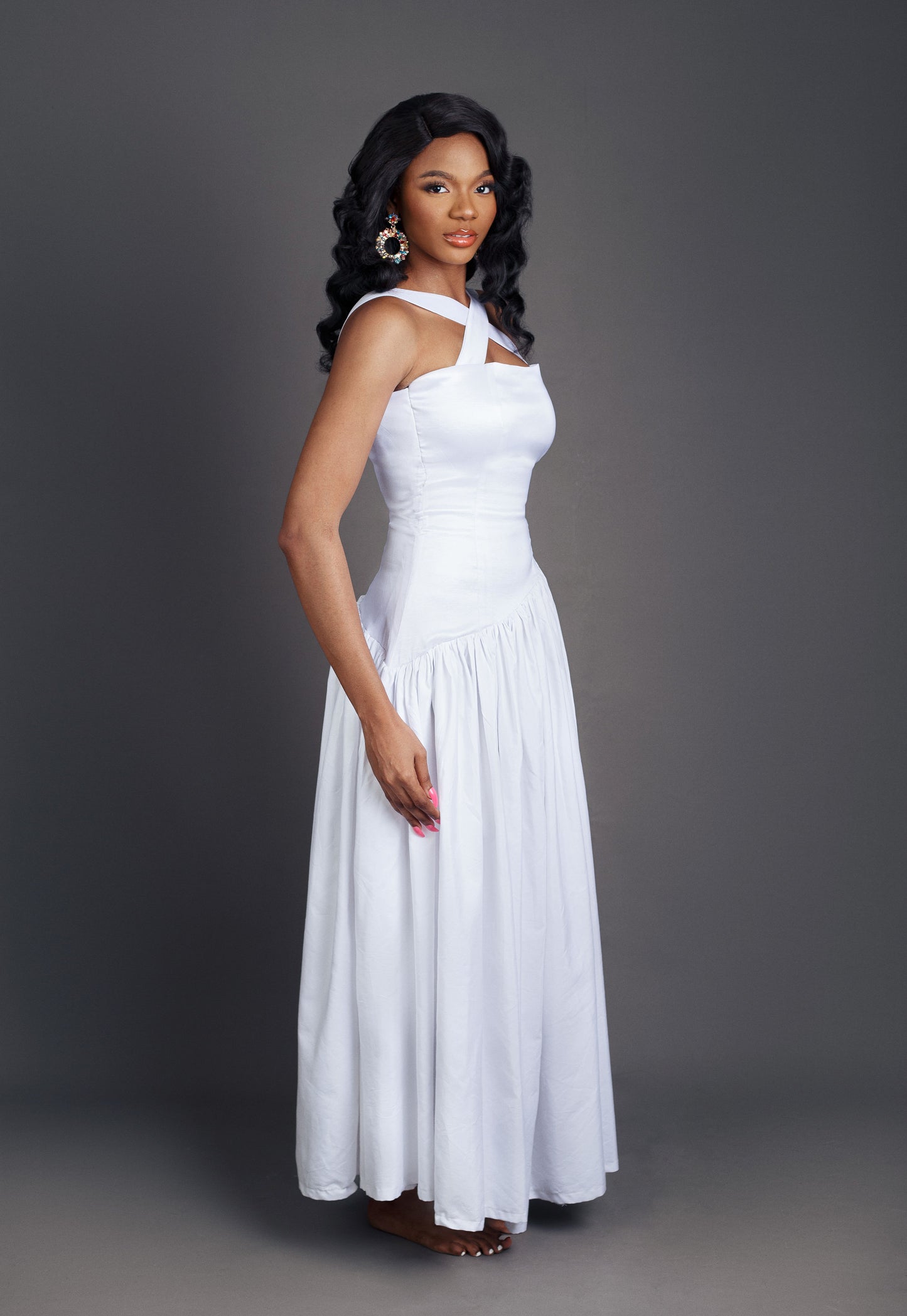 Nicole Boat Waist Kriss Kross Chest Maxi Dress