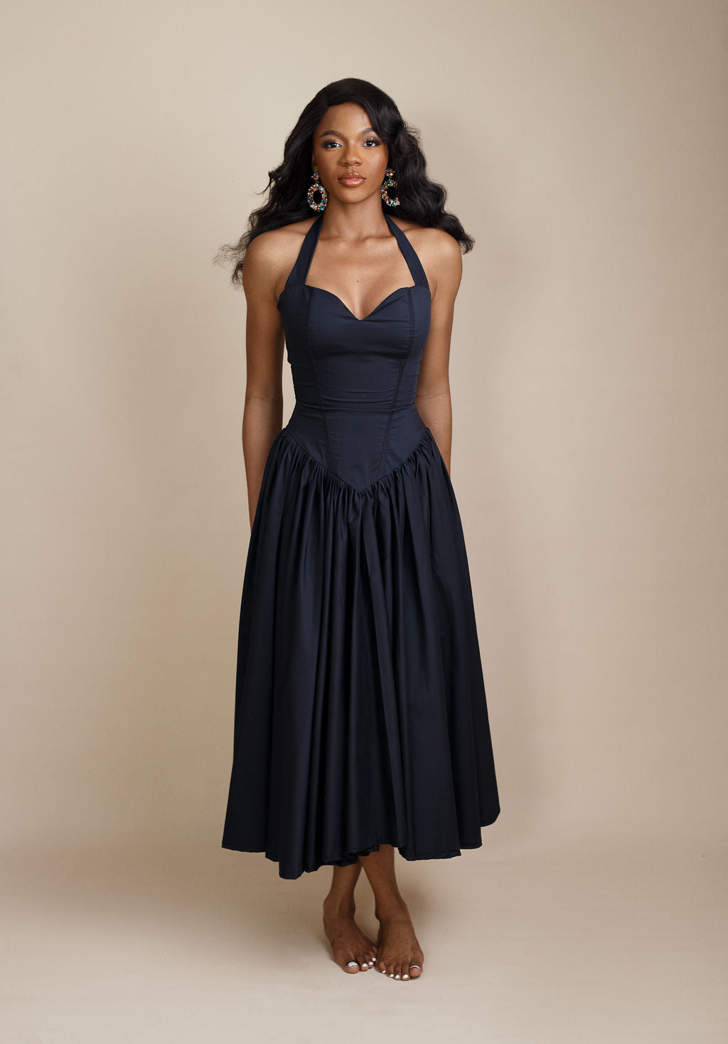 Jo-Ellen V Drop Waist Halter Neck Maxi Dress