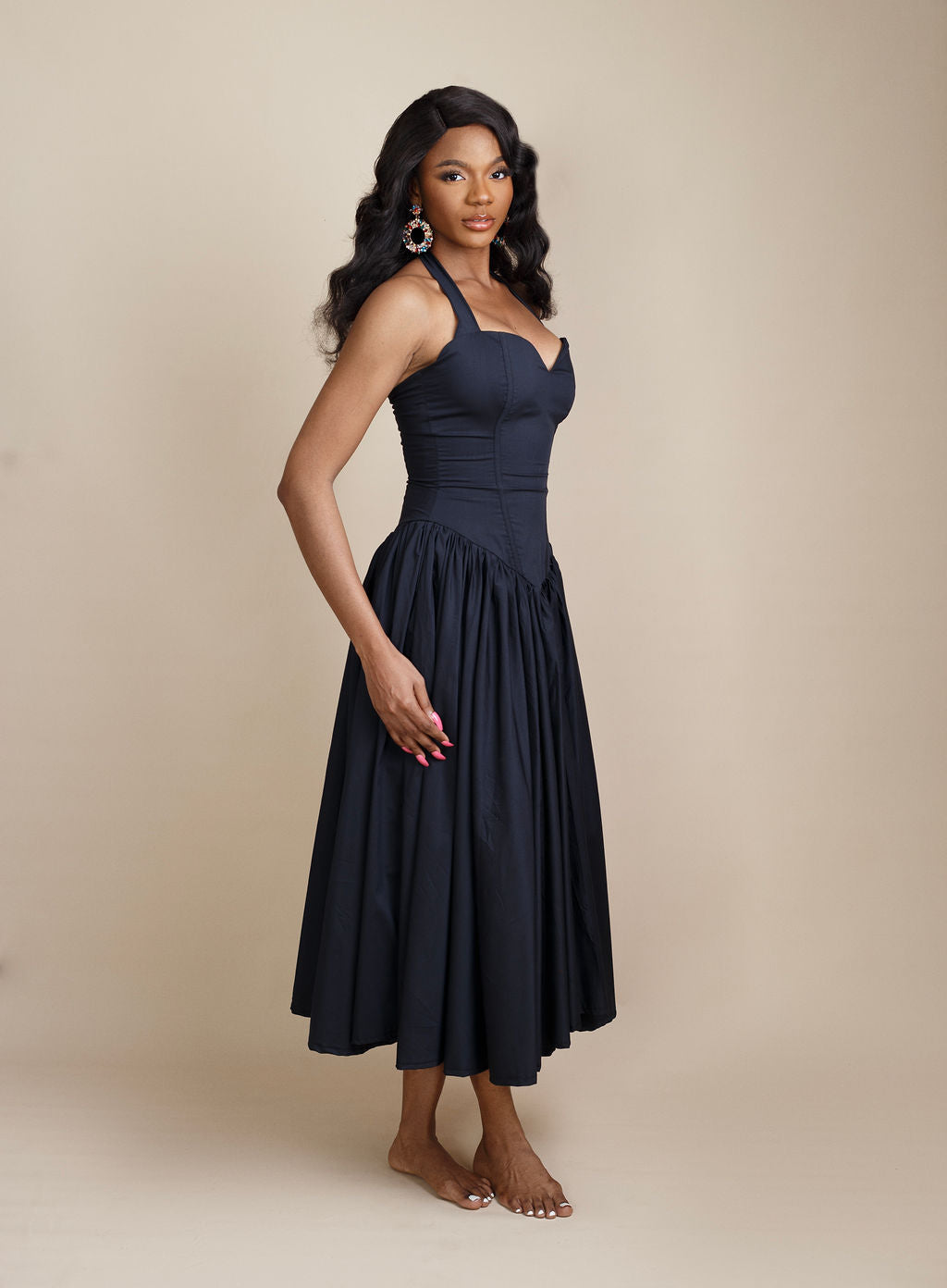 Jo-Ellen V Drop Waist Halter Neck Maxi Dress