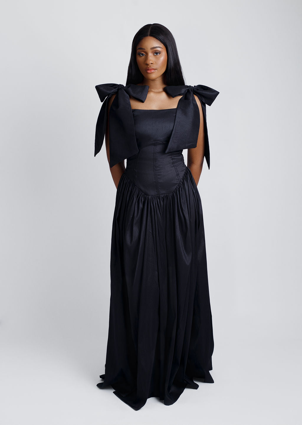 Big Bow strap maxi dress for women made with Taffeta. Great wedding guest dress. Black wedding guest dress with bows. 